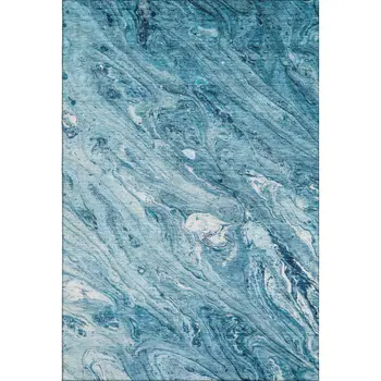 5' X 8' Sky Blue And Ivory Abstract Washable Area Rug With UV Protection