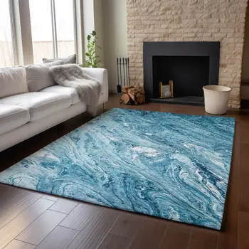 5' X 8' Sky Blue And Ivory Abstract Washable Area Rug With UV Protection