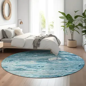 8' Sky Blue And Ivory Abstract Washable Round Rug With UV Protection