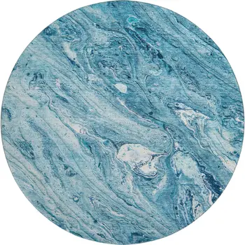 8' Sky Blue And Ivory Abstract Washable Round Rug With UV Protection