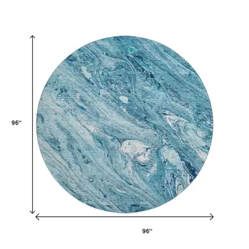 8' Sky Blue And Ivory Abstract Washable Round Rug With UV Protection