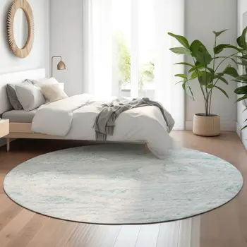 8' Teal And Ivory Abstract Washable Round Rug With UV Protection