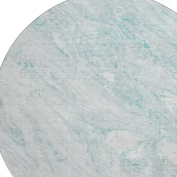 8' Teal And Ivory Abstract Washable Round Rug With UV Protection