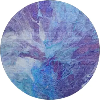 8' Blue Purple And Ivory Abstract Washable Round Rug With UV Protection