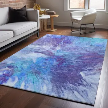 9' X 12' Blue Purple And Ivory Abstract Washable Area Rug With UV Protection
