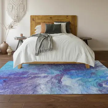 9' X 12' Blue Purple And Ivory Abstract Washable Area Rug With UV Protection
