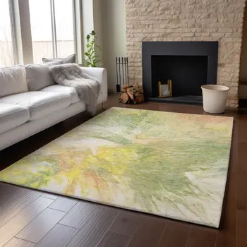 5' X 8' Green Peach And Yellow Abstract Washable Area Rug With UV Protection