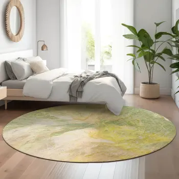 8' Green Peach And Yellow Abstract Washable Round Rug With UV Protection
