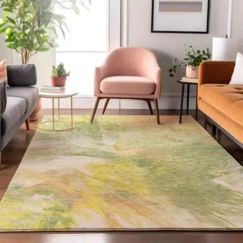 9' X 12' Green Peach And Yellow Abstract Washable Area Rug With UV Protection