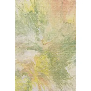 9' X 12' Green Peach And Yellow Abstract Washable Area Rug With UV Protection