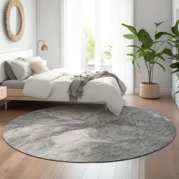 8' Gray And Ivory Abstract Washable Round Rug With UV Protection