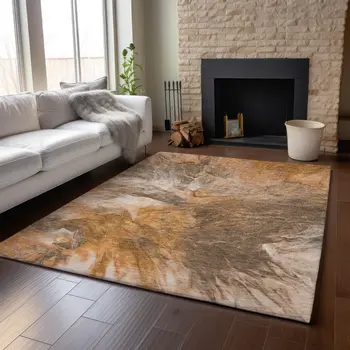 3' X 5' Chili Red Ivory And Copper Abstract Washable Area Rug With UV Protection