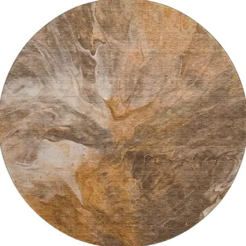 8' Chili Red Ivory And Copper Abstract Washable Round Rug With UV Protection