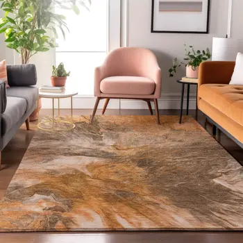 10' X 14' Chili Red Ivory And Copper Abstract Washable Area Rug With UV Protection