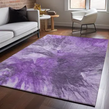 3' X 5' Purple Ivory And Gray Abstract Washable Area Rug With UV Protection