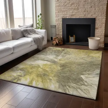 5' X 8' Taupe Ivory And Gold Abstract Washable Area Rug With UV Protection
