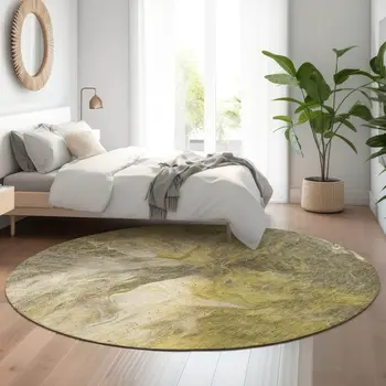 8' Taupe Ivory And Gold Abstract Washable Round Rug With UV Protection