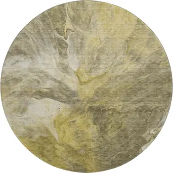 8' Taupe Ivory And Gold Abstract Washable Round Rug With UV Protection