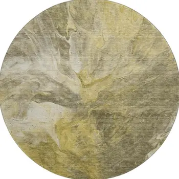 8' Taupe Ivory And Gold Abstract Washable Round Rug With UV Protection