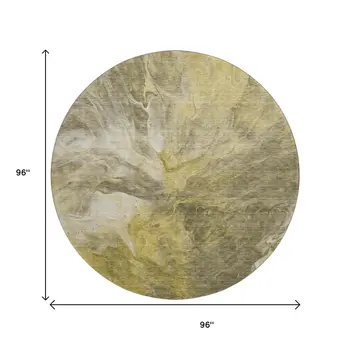 8' Taupe Ivory And Gold Abstract Washable Round Rug With UV Protection