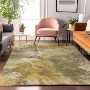 9' X 12' Taupe Ivory And Gold Abstract Washable Area Rug With UV Protection