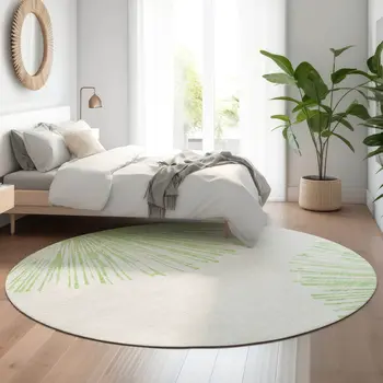 8' Artichoke Green And Ivory Abstract Washable Round Rug With UV Protection