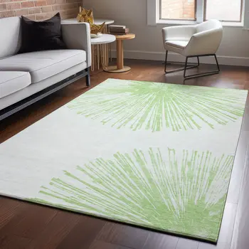 8' X 10' Artichoke Green And Ivory Abstract Washable Area Rug With UV Protection