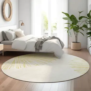 8' Beige And Ivory Abstract Washable Round Rug With UV Protection