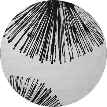 8' Black And Ivory Abstract Washable Round Rug With UV Protection