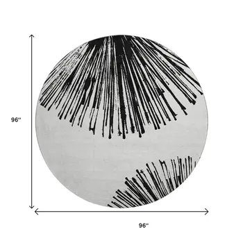 8' Black And Ivory Abstract Washable Round Rug With UV Protection