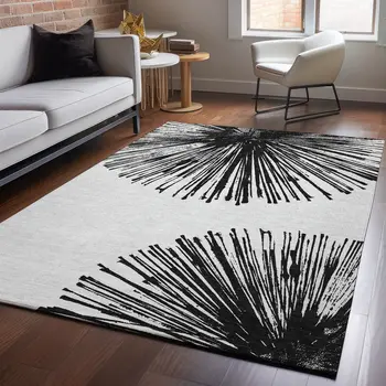 10' X 14' Black And Ivory Abstract Washable Area Rug With UV Protection