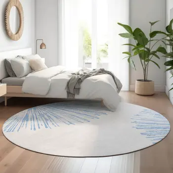 8' Denim Blue And Ivory Abstract Washable Round Rug With UV Protection
