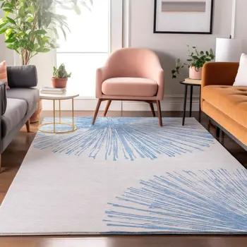 8' X 10' Denim Blue And Ivory Abstract Washable Area Rug With UV Protection