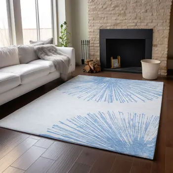 8' X 10' Denim Blue And Ivory Abstract Washable Area Rug With UV Protection