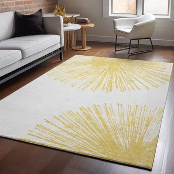 3' X 5' Gold And Ivory Abstract Washable Area Rug With UV Protection