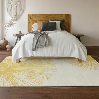 3' X 5' Gold And Ivory Abstract Washable Area Rug With UV Protection