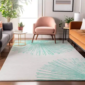 3' X 5' Teal And Ivory Abstract Washable Area Rug With UV Protection