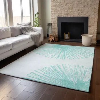 3' X 5' Teal And Ivory Abstract Washable Area Rug With UV Protection