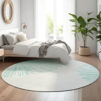 8' Teal And Ivory Abstract Washable Round Rug With UV Protection