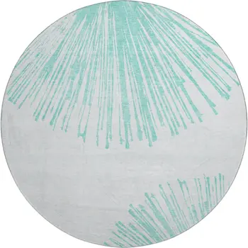 8' Teal And Ivory Abstract Washable Round Rug With UV Protection