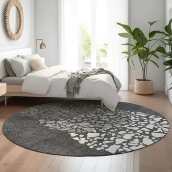 8' Charcoal And Ivory Abstract Washable Round Rug With UV Protection