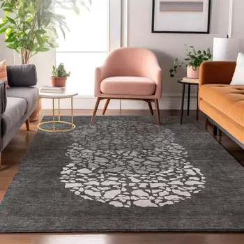 9' X 12' Charcoal And Ivory Abstract Washable Area Rug With UV Protection