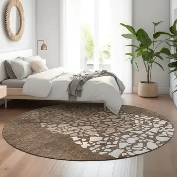 8' Chocolate And Ivory Abstract Washable Round Rug With UV Protection