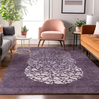5' X 8' Eggplant And Ivory Abstract Washable Area Rug With UV Protection