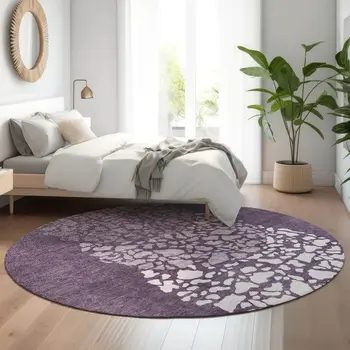8' Eggplant And Ivory Abstract Washable Round Rug With UV Protection