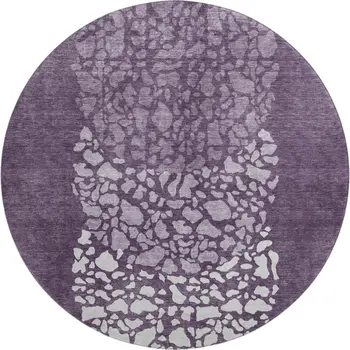 8' Eggplant And Ivory Abstract Washable Round Rug With UV Protection