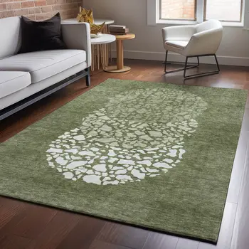 5' X 8' Olive Green And Ivory Abstract Washable Area Rug With UV Protection