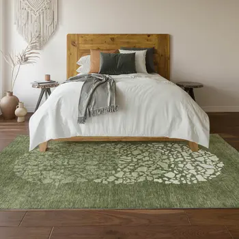 5' X 8' Olive Green And Ivory Abstract Washable Area Rug With UV Protection