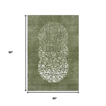 5' X 8' Olive Green And Ivory Abstract Washable Area Rug With UV Protection
