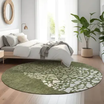 8' Olive Green And Ivory Abstract Washable Round Rug With UV Protection